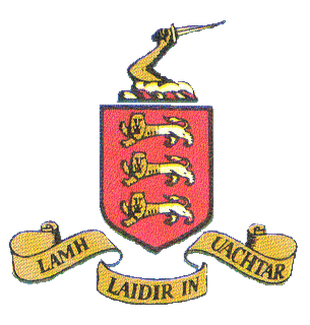 The O'Brien coat of arms — three gold lions on a red shield, crested by an arm raising a sword